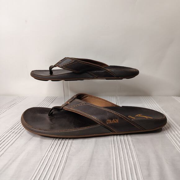 OluKai Leather Thong Flip Flop Sandals Men's Size 12 Brown - Picture 2 of 8